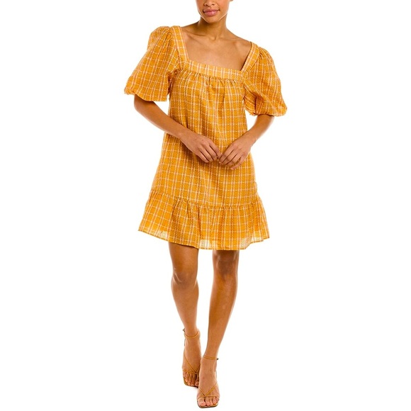 Marie Oliver Silk Blend Puff Sleeve Kaylee Dress in Desert Orange Plaid S - Picture 1 of 10